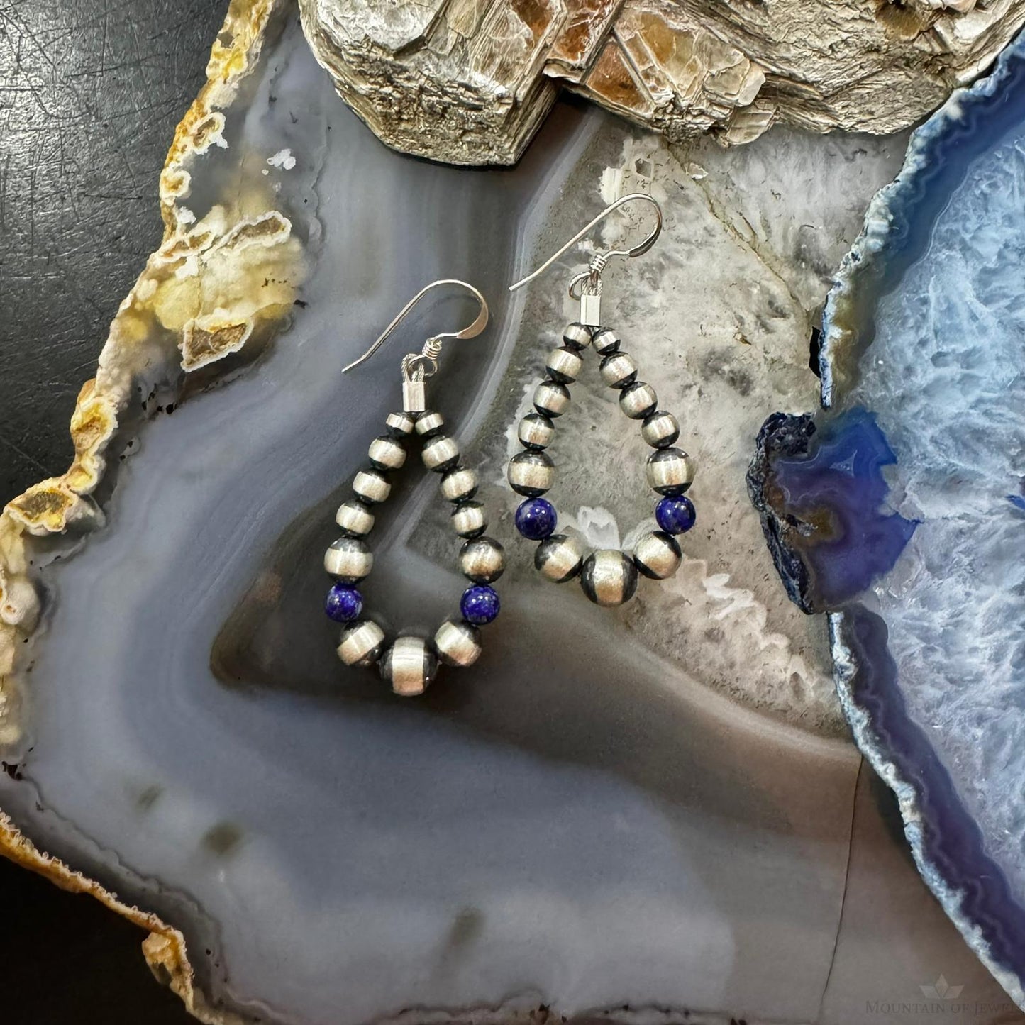 Navajo Pearl Beads Graduated 2-5 mm Sterling Silver 2 Lapis Hoop Dangle Earrings For Women