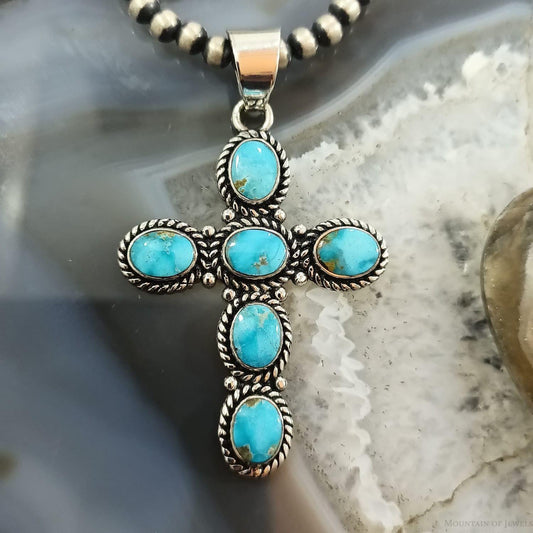 Native American Sterling Silver 6 Oval Blue Ridge Turquoise Decorated Uni Cross Pendant