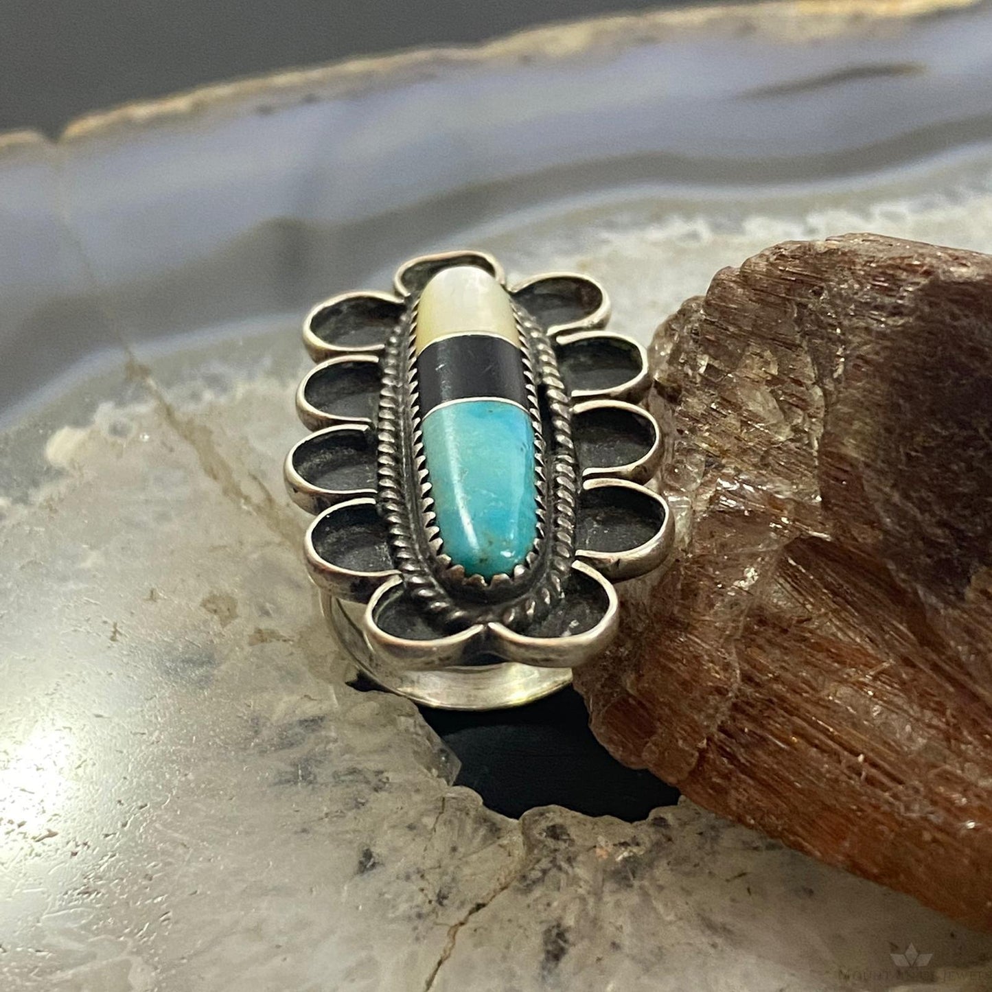 Vintage Native American Silver Oblong Multi stone Inlay Decorated Ring Size 7.75 For Women