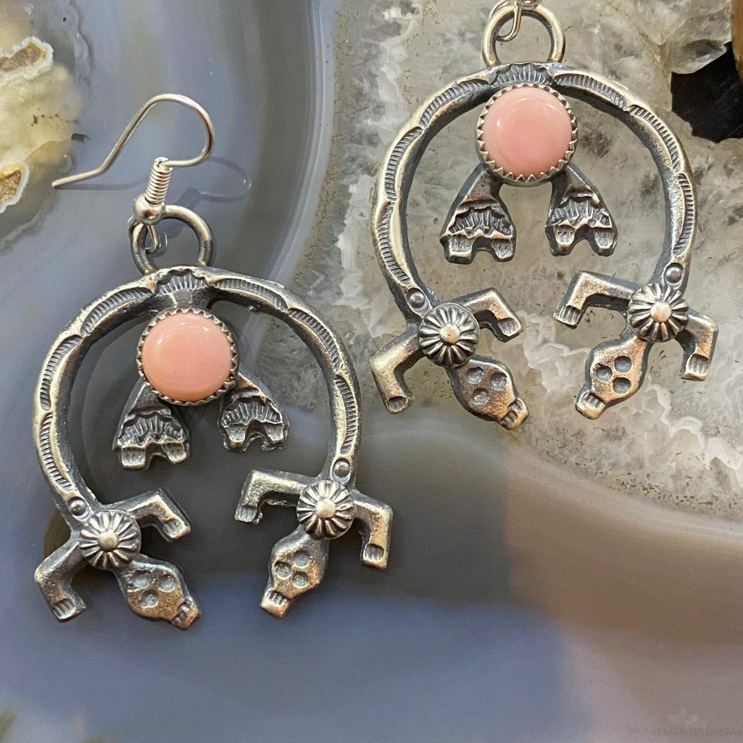 Kevin Billah Sterling Silver Sandcast Pink Conch Shell Yei Bi Chei Naja Dangle Earrings For Women