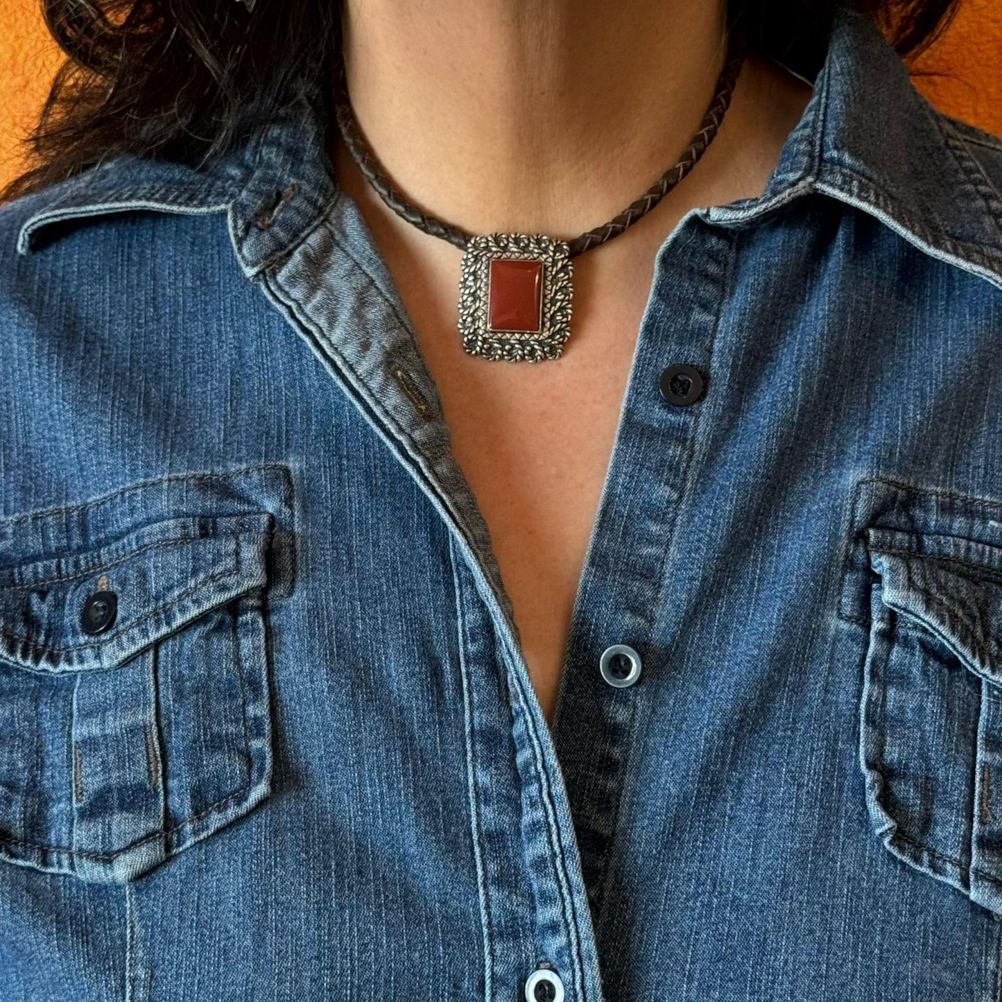 Carolyn Pollack Sterling Silver Carnelian Pendant with Brown Braided Leather Necklace