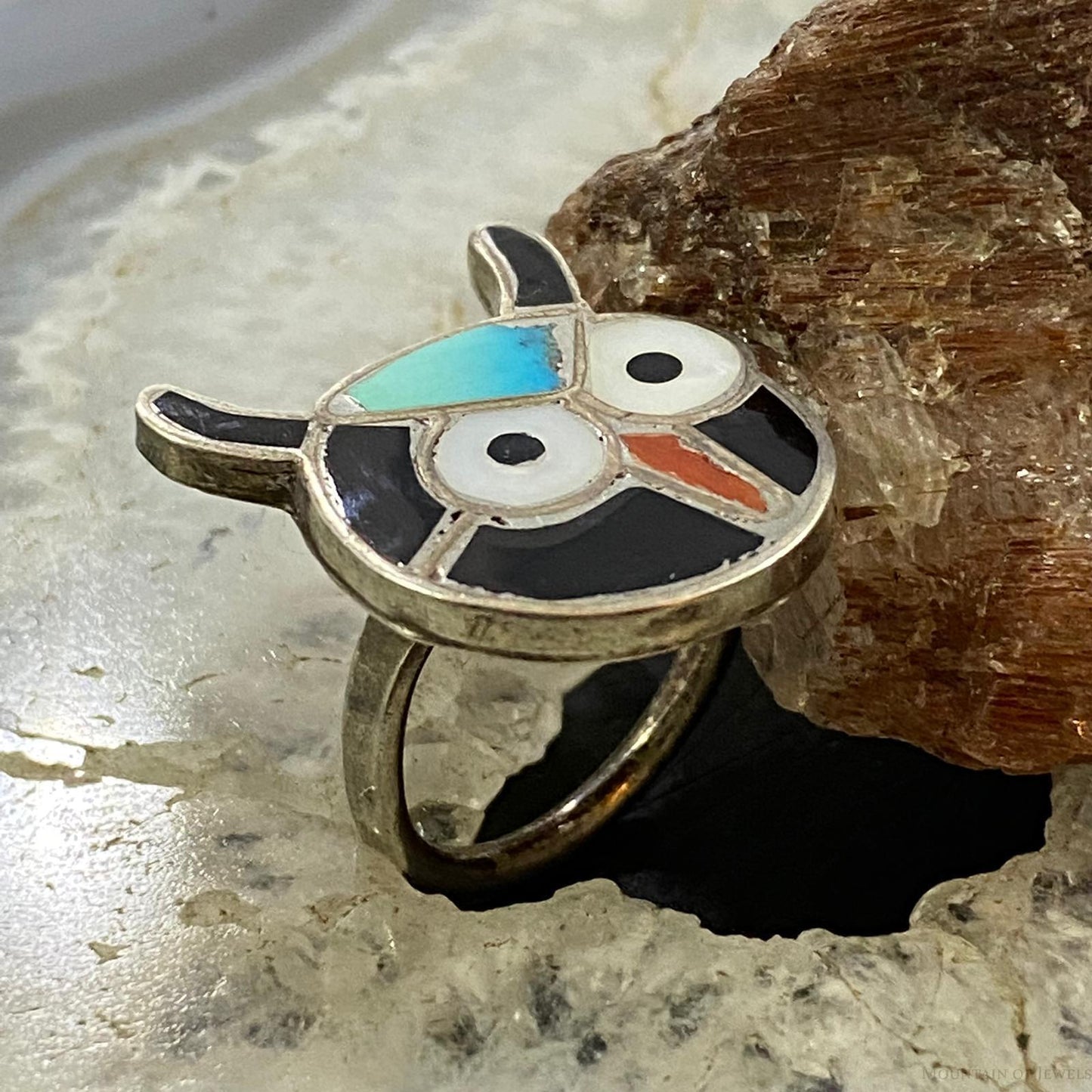 Vintage Native American Silver Multistone Zuni Inlay Owl Ring Size 6.5 For Women