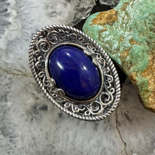 Carolyn Pollack Sterling Silver Oval Lapis Sombrero Style Decorated Size 8 Ring For Women