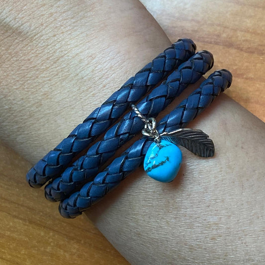 Carolyn Pollack Blue Navy Braided Leather Coil w/Turquoise & Feather Bracelet