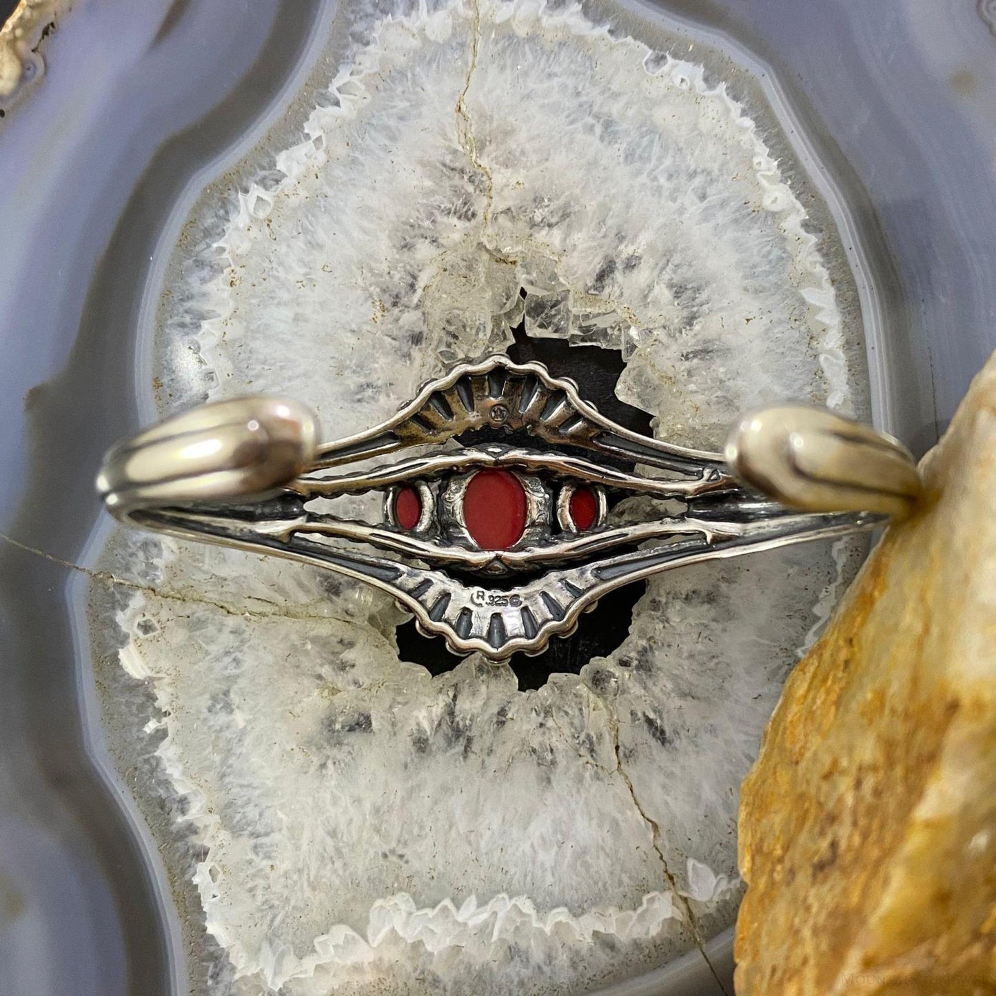 Carolyn Pollack Southwestern Style Sterling Silver 3 Red Jasper Decorated Bracelet For Women