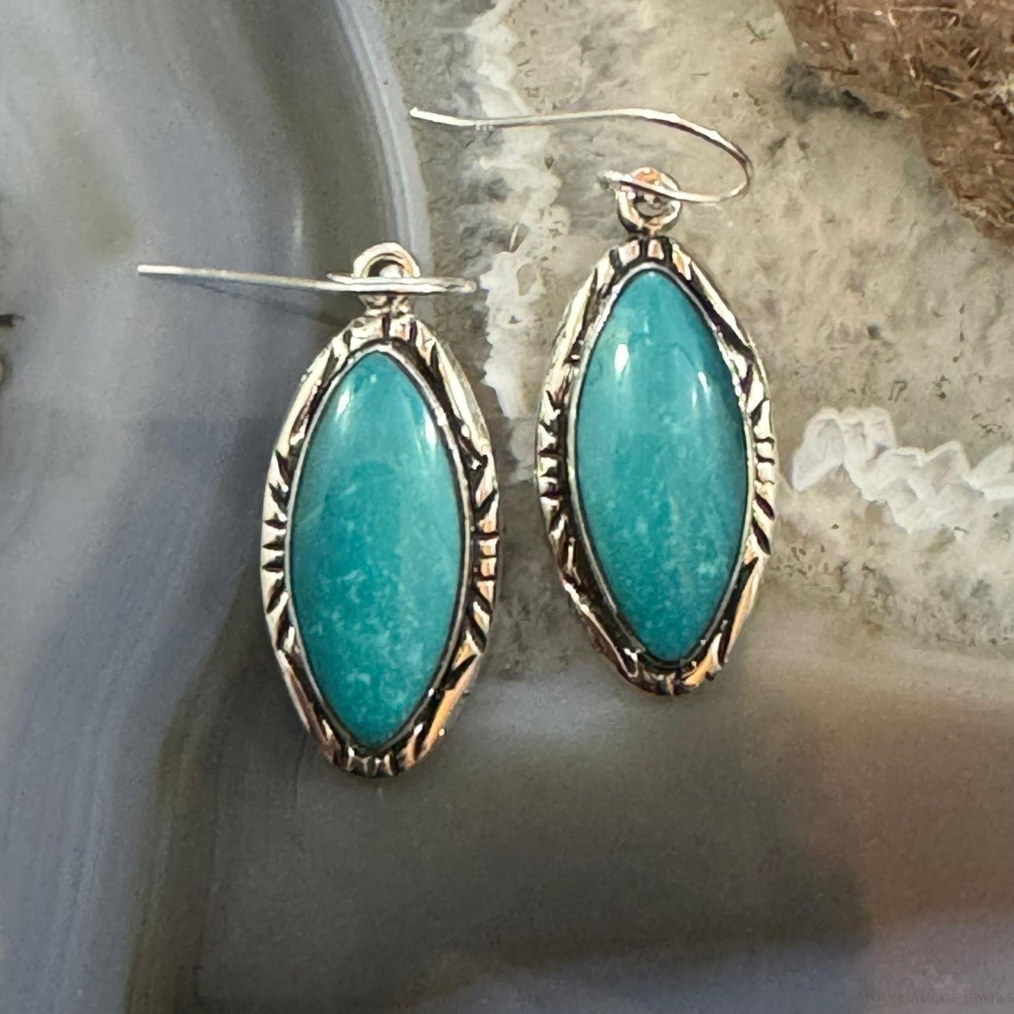 Native American Sterling Silver Marquise Turquoise Dangle Earrings For Women