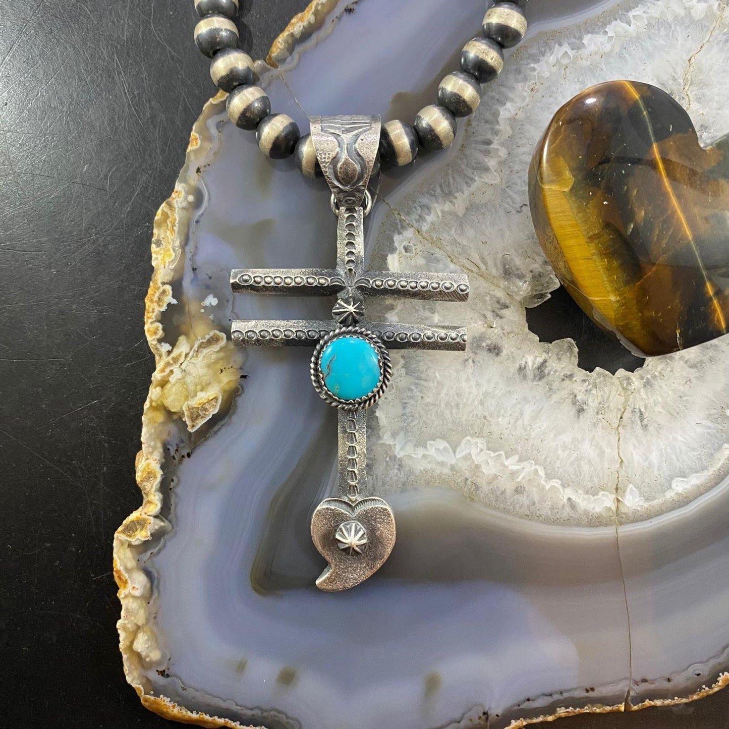 Kevin Billah Native American Sterling Silver Turquoise Native Cross w/Heart Unisex Pendant #1