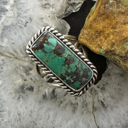 Native American Sterling Silver Rectangle Turquoise w/Matrix Bar Ring Size 9.5 For Women