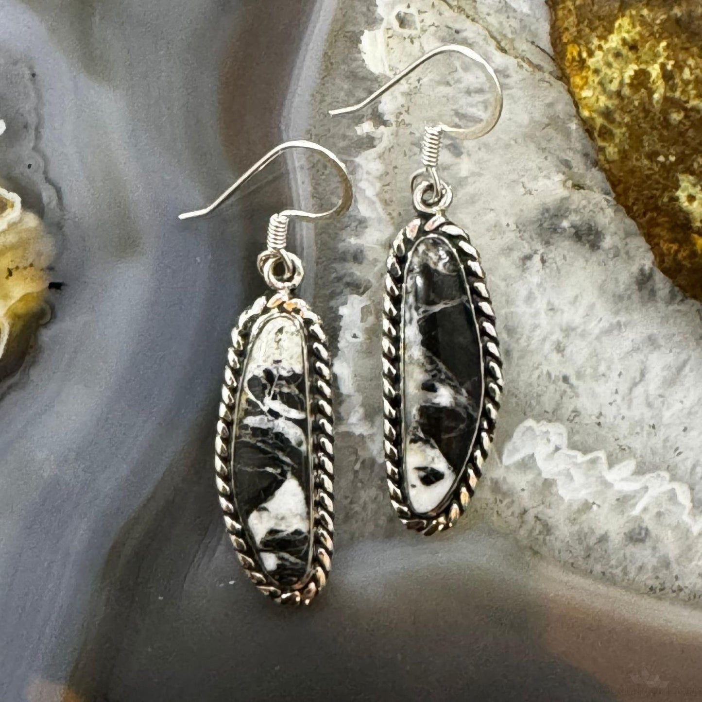 Native American Sterling Silver Natural Elongated White Buffalo Dangle Earrings For Women