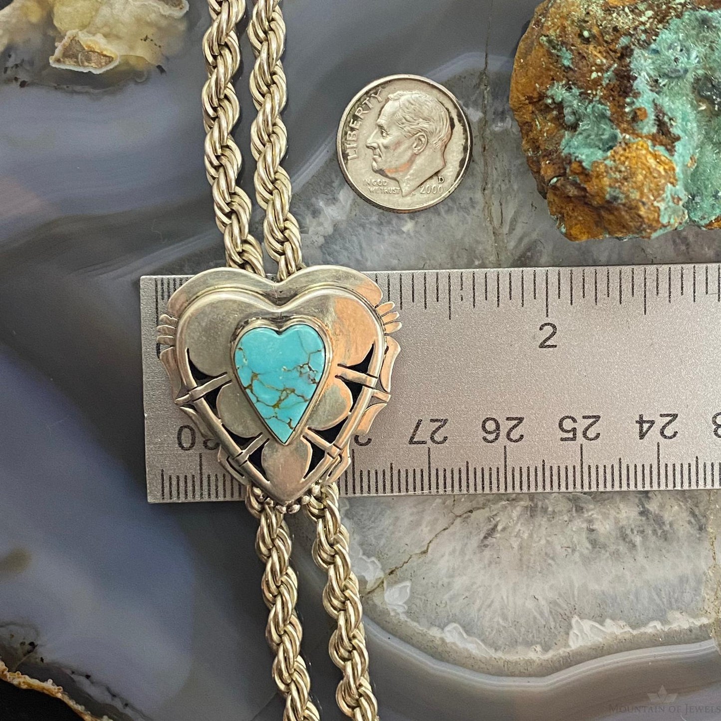 Vintage Native American Silver Turquoise Heart Lariat 26" Necklace For Women