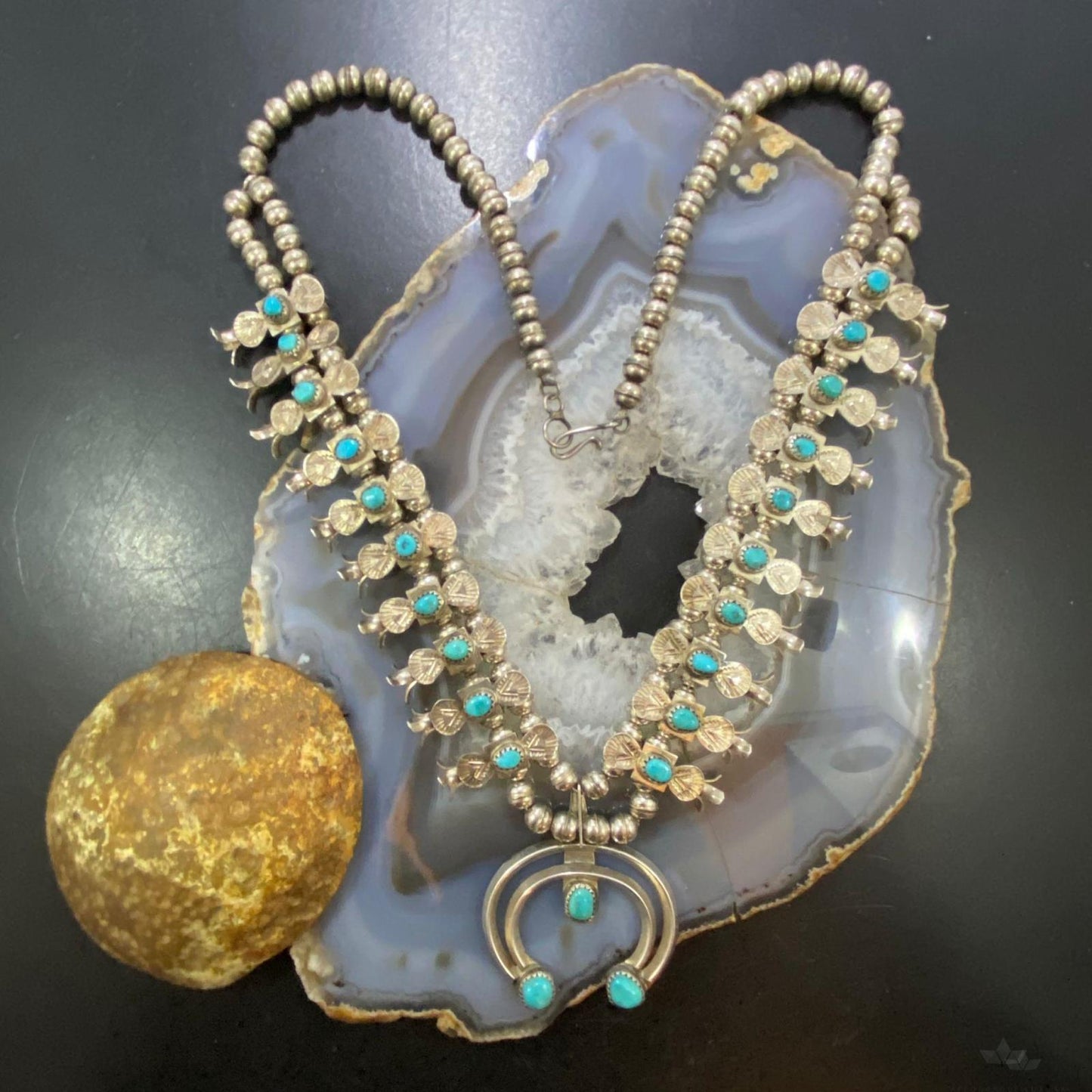 Doris Smallcanyon Vintage Silver Kingman Turquoise Squash Blossom Necklace For Women