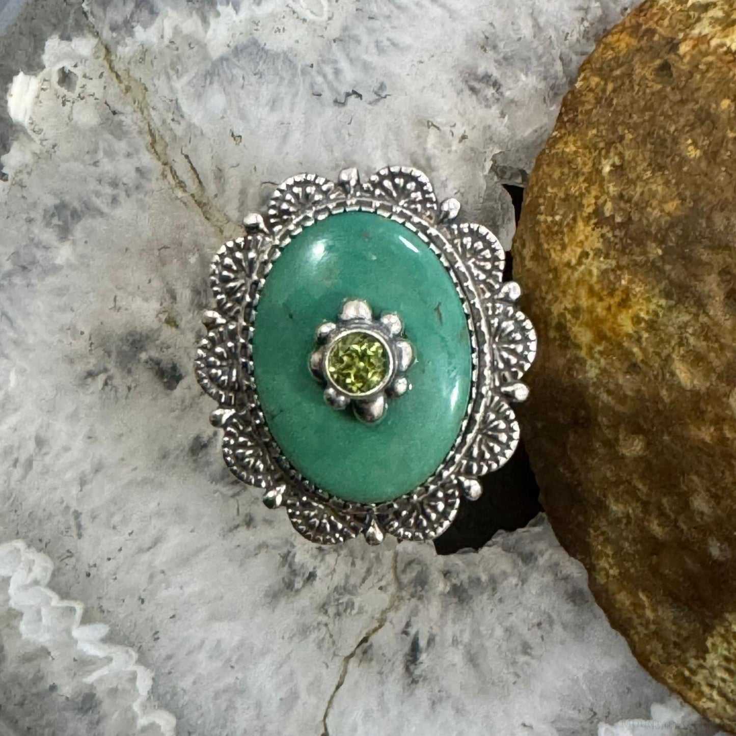 Carolyn Pollack Sterling Silver Oval Green Turquoise & Peridot Decorated Ring For Women