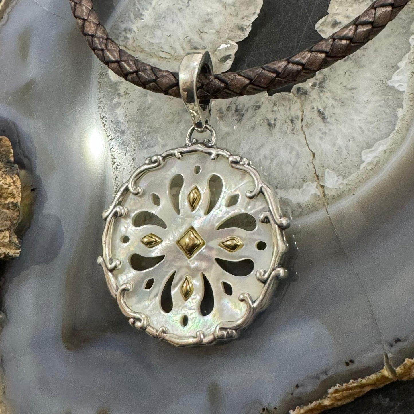 Carolyn Pollack Sterling Silver & Brass Mother of Pearl Floral Cutout Enhancer Pendant For Women