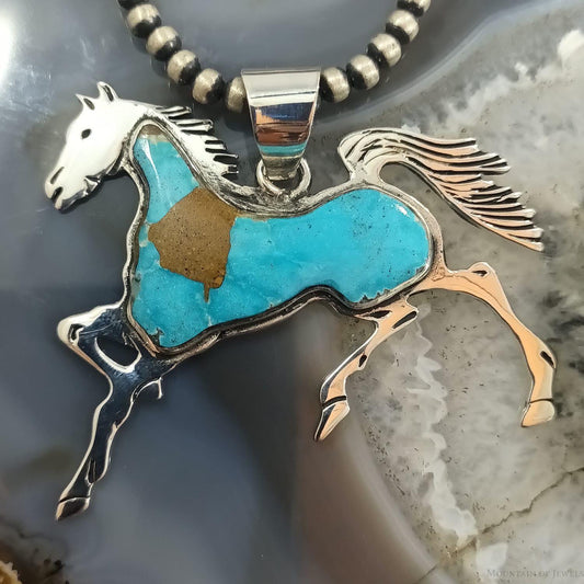 Native American Sterling Silver Blue Ridge Turquoise Inlay Horse Pendant For Women