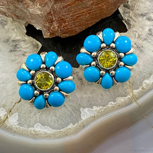 Carolyn Pollack Sterling Silver Turquoise & Faceted Peridot Flower Stud Earrings For Women