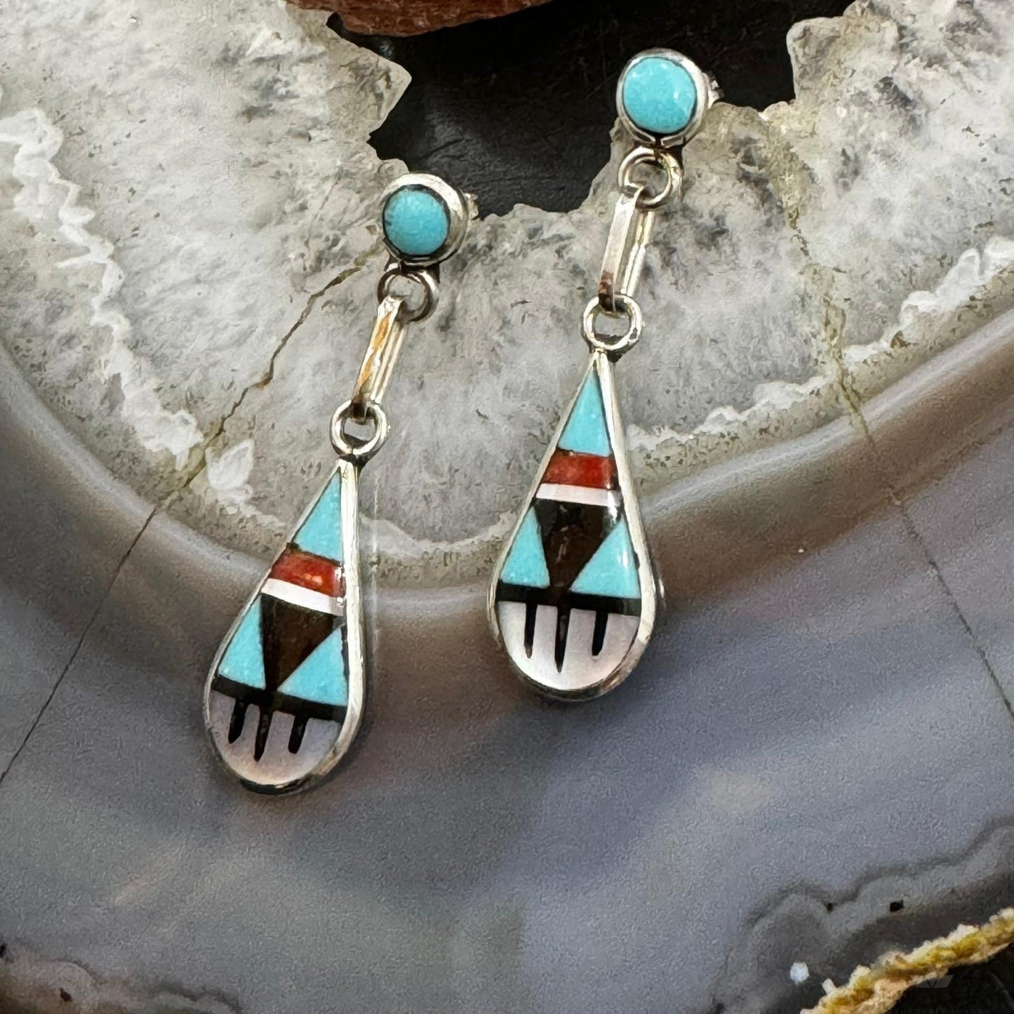 Delberta Boone Native American Sterling Silver Multi Gemstone Inlay Dangle Earrings For Women