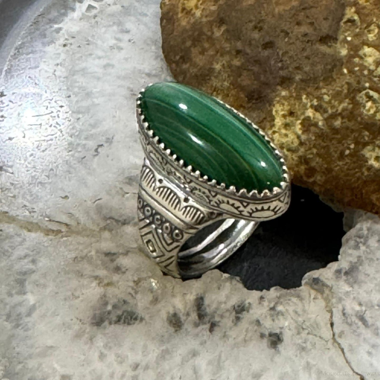 Carolyn Pollack Sterling Silver Elongated Oval Malachite Decorated Ring For Women