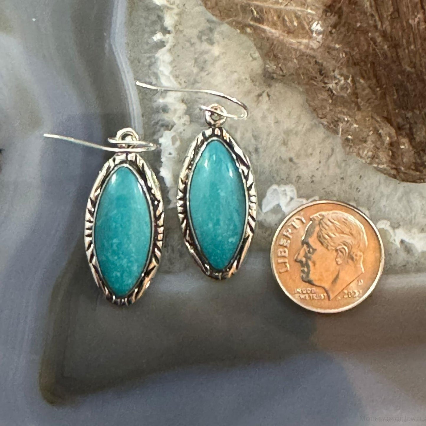 Native American Sterling Silver Marquise Turquoise Dangle Earrings For Women