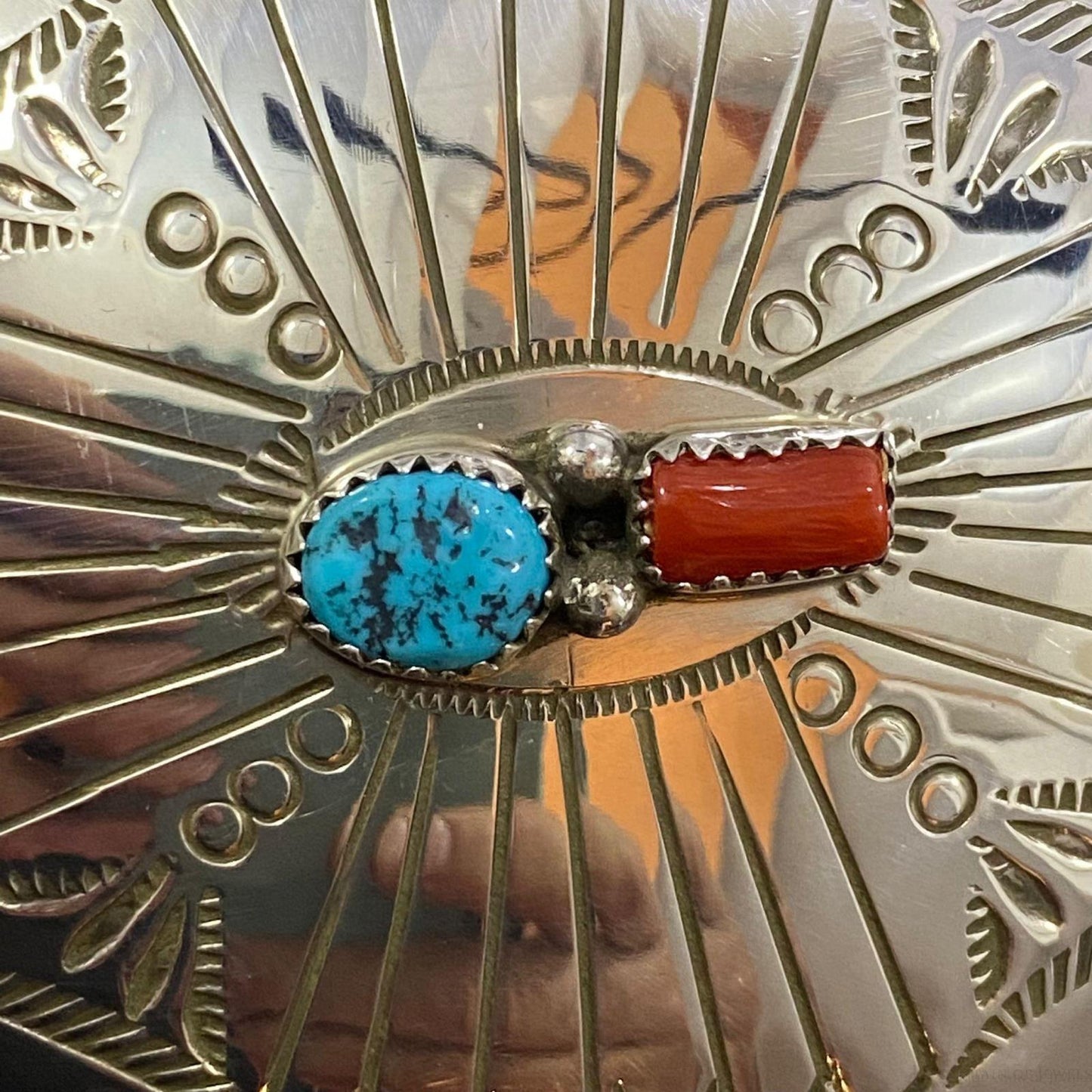 Native American Sterling Silver Turquoise & Coral Stamped Unisex Belt Buckle #2