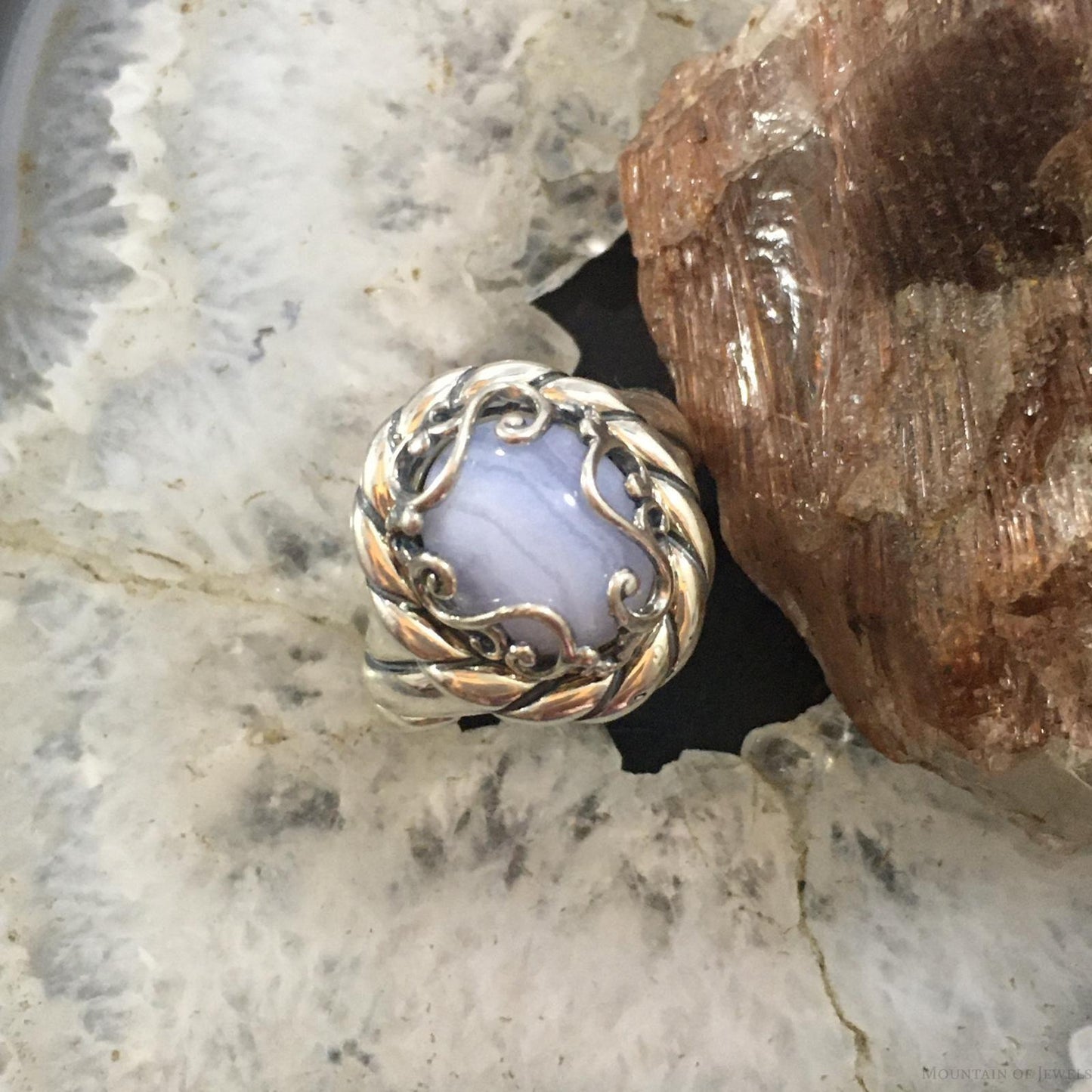 Carolyn Pollack Sterling Silver Oval Blue Lace Agate Decorated Ring Size 8 For Women