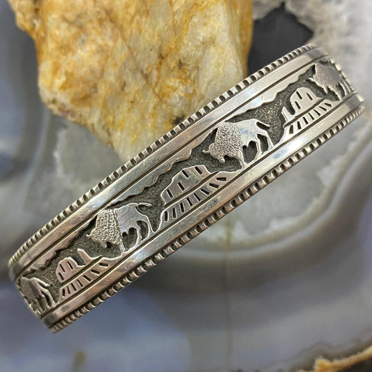 Signed Native American Sterling Silver Buffalo & Mesa Overlay Bracelet For Men