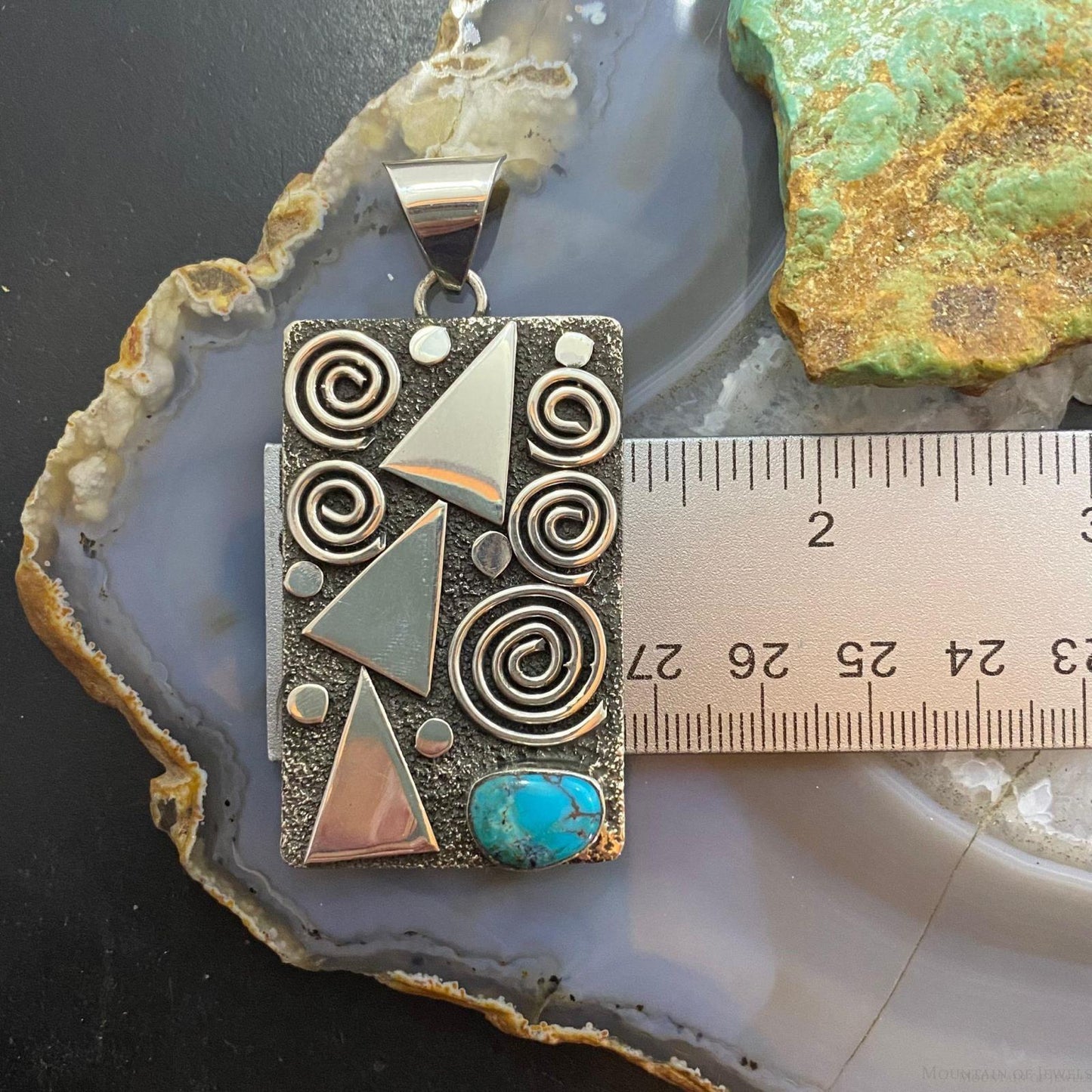 Alex Sanchez Native American Sterling Silver Turquoise Rectangle Unisex Petroglyph Pendant