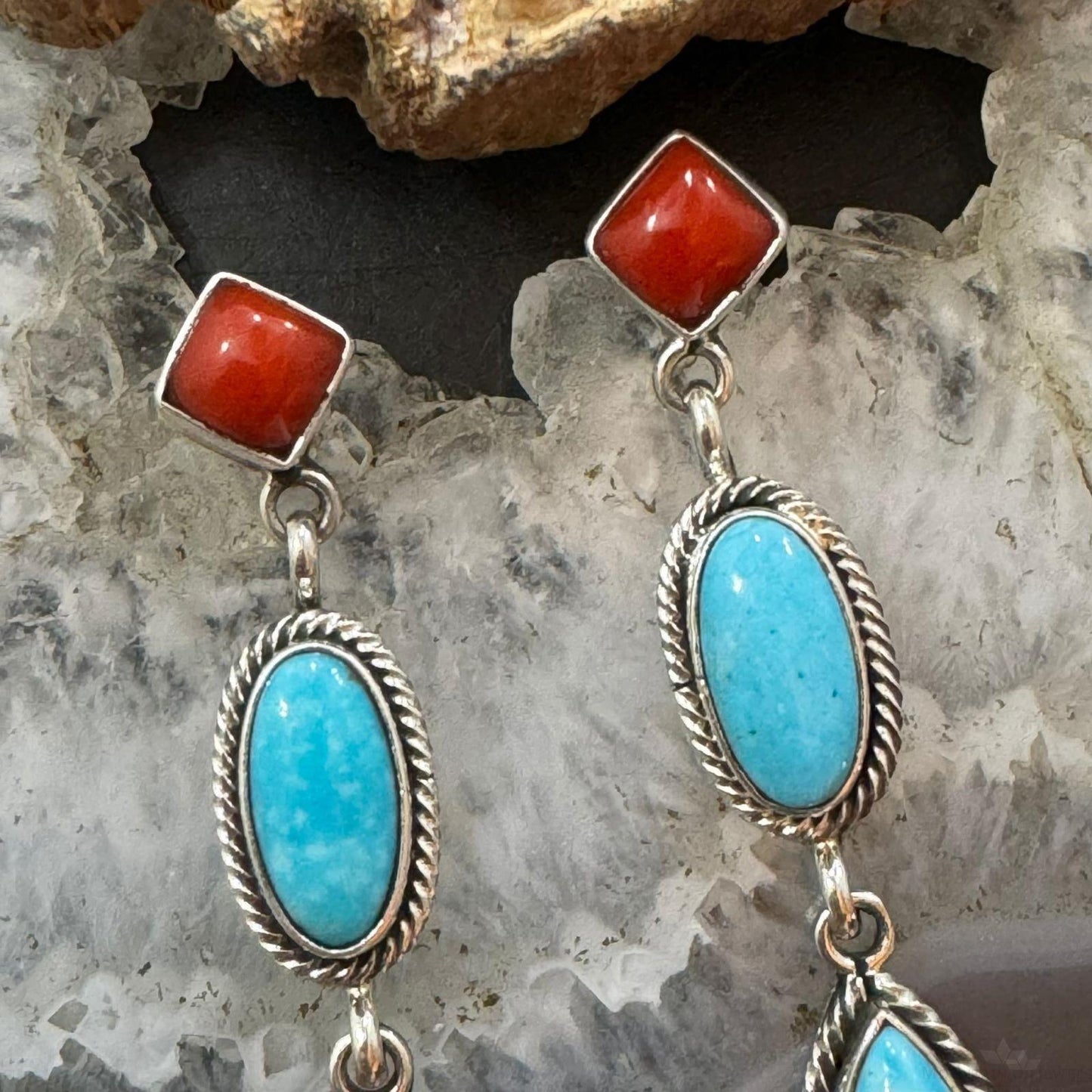 Verley Betone Sterling Silver Coral & 2 Turquoise Decorated Dangle Earrings For Women