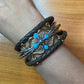 Carolyn Pollack Sterling Silver & Brass 4 Turquoise Dk Brown Leather Decorated Bracelet