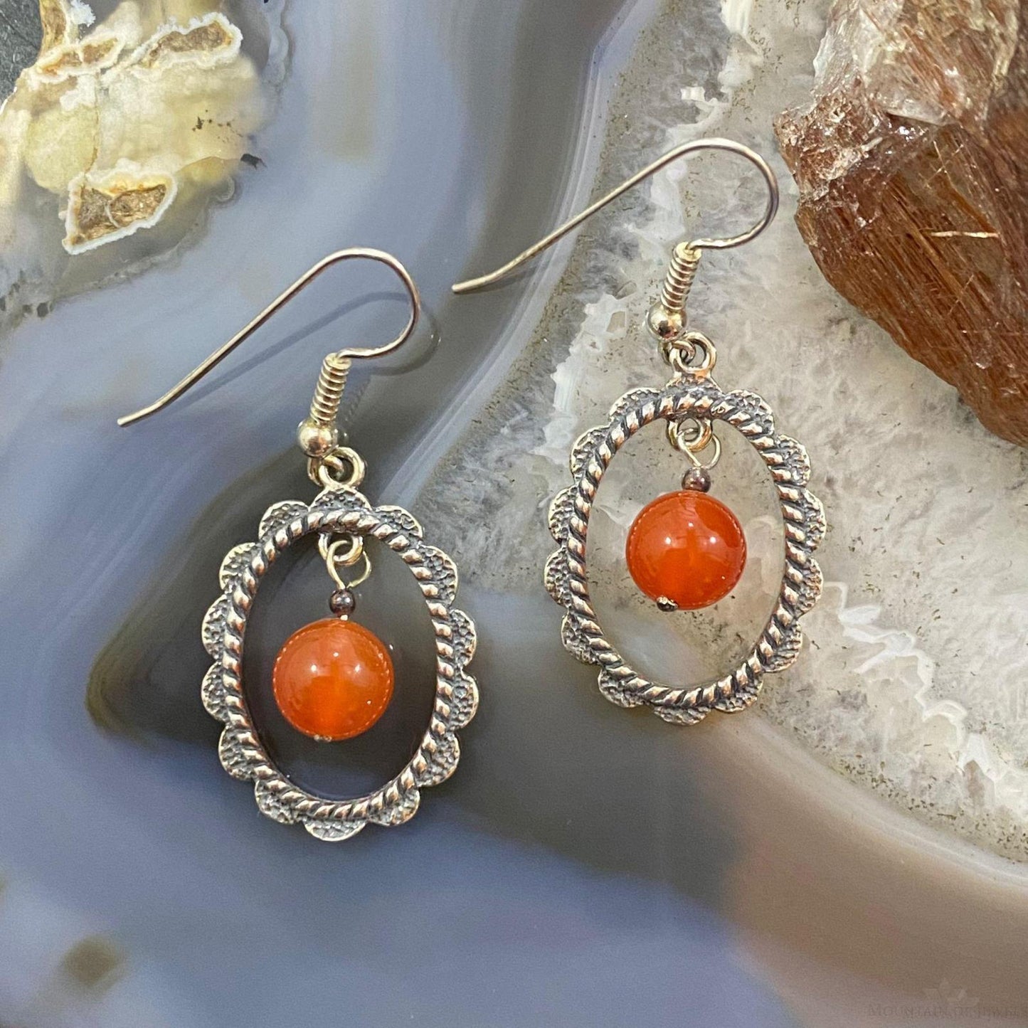 Carolyn Pollack Sterling Silver Oval w/Round Carnelian Bead Dangle Earrings For Women