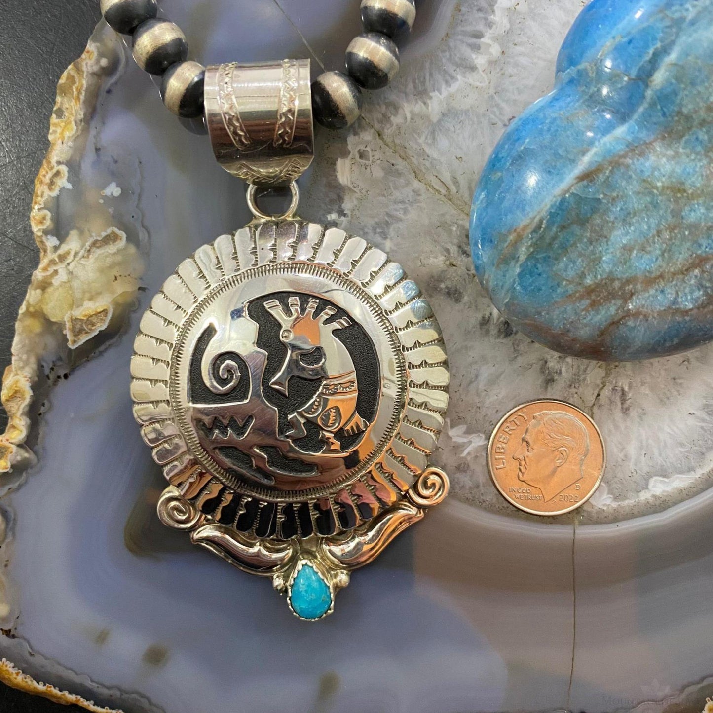 Alonzo Mariano Sterling Silver Turquoise Kokopelli Overlay Round Unisex Pendant