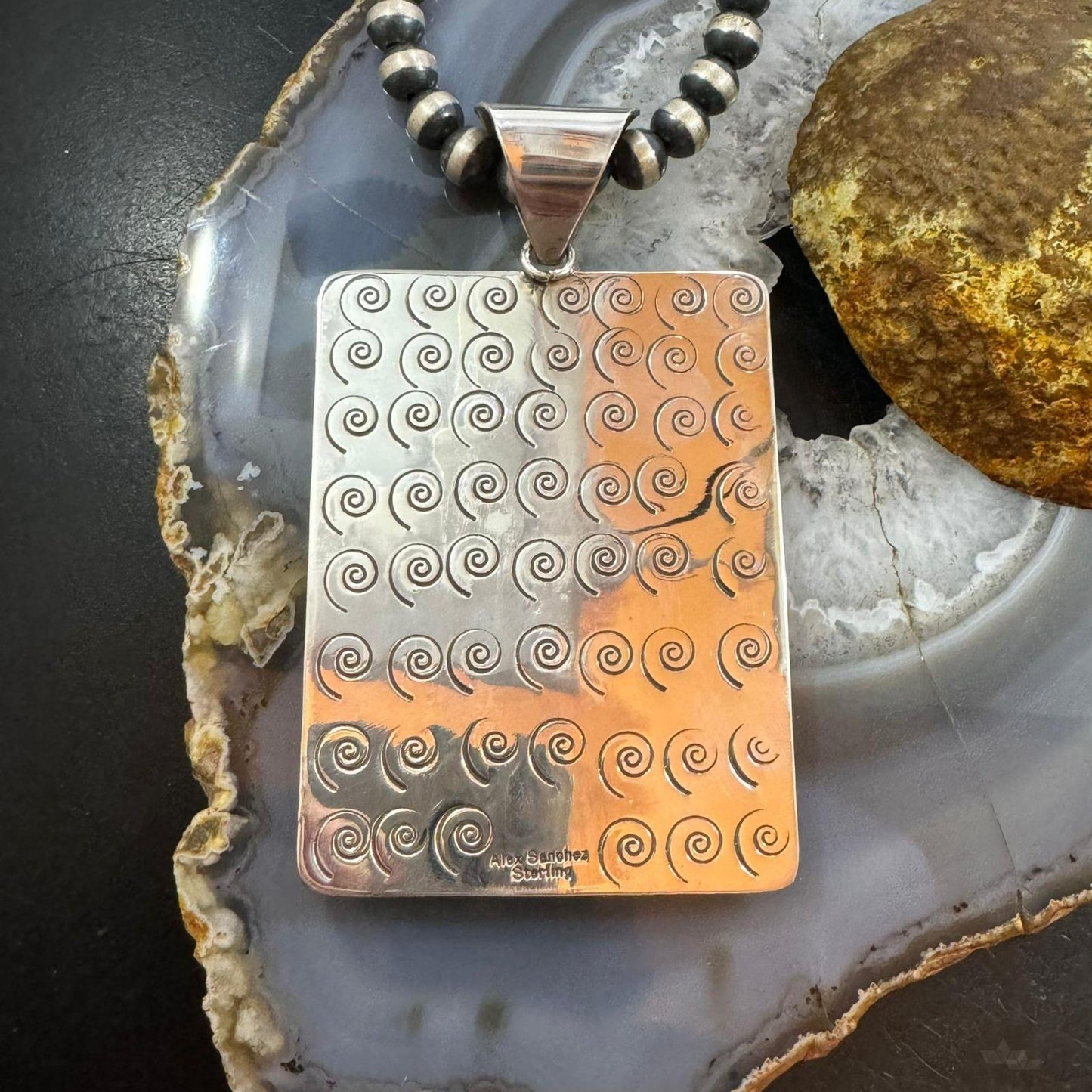 Alex Sanchez Native American Sterling Silver 2 Teardrop Fossilized Coral Rectangle Petroglyph Pendant