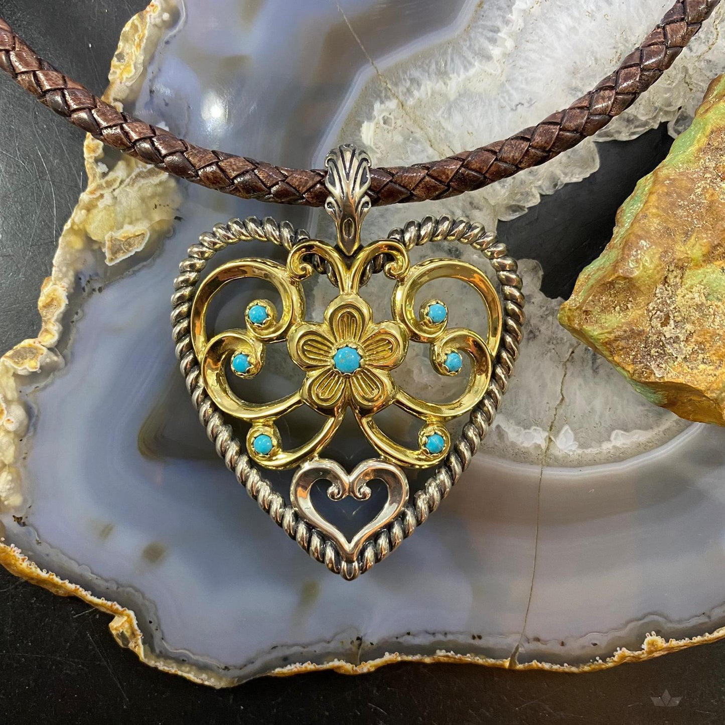 Carolyn Pollack Southwestern Style Sterling Silver & Brass Turquoise Heart Pendant For Women