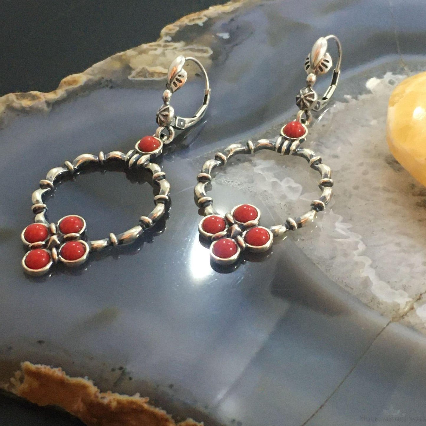 Carolyn Pollack Southwestern Style Sterling Silver 5 Red Jasper Decorated Hoop Dangle Earrings For Women