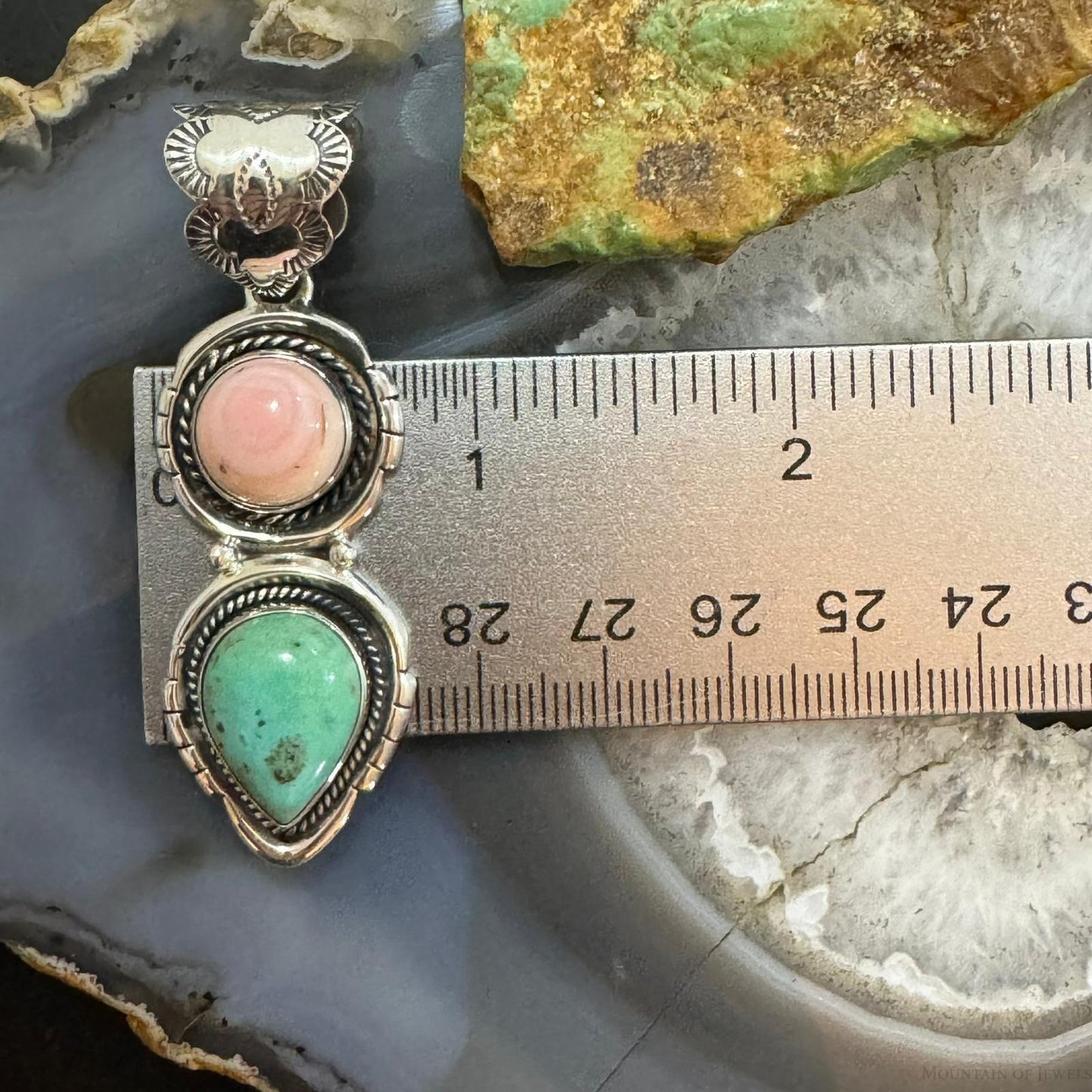 Native American Sterling Silver Pink Conch Shell & Turquoise Pendant For Women #1
