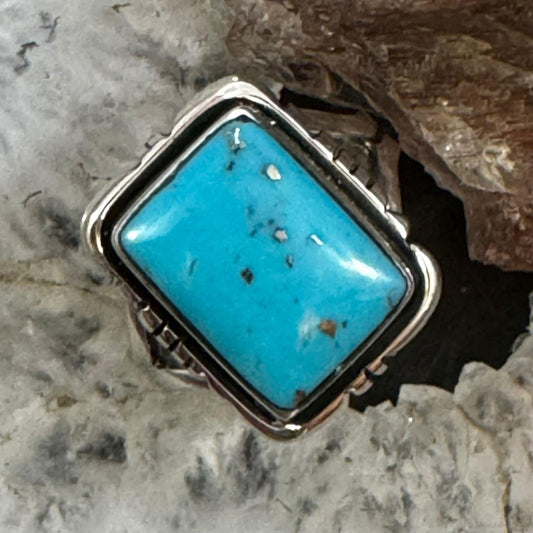 Native American Sterling Silver Rectangle Kingman Turquoise Mini Bar Ring Size 9 For Women