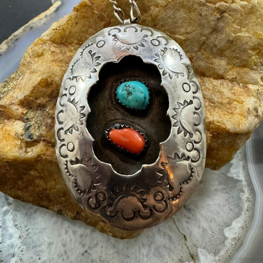 Vintage Native American Silver Shadowbox Turquoise & Coral Pendant/Brooch W/Chain