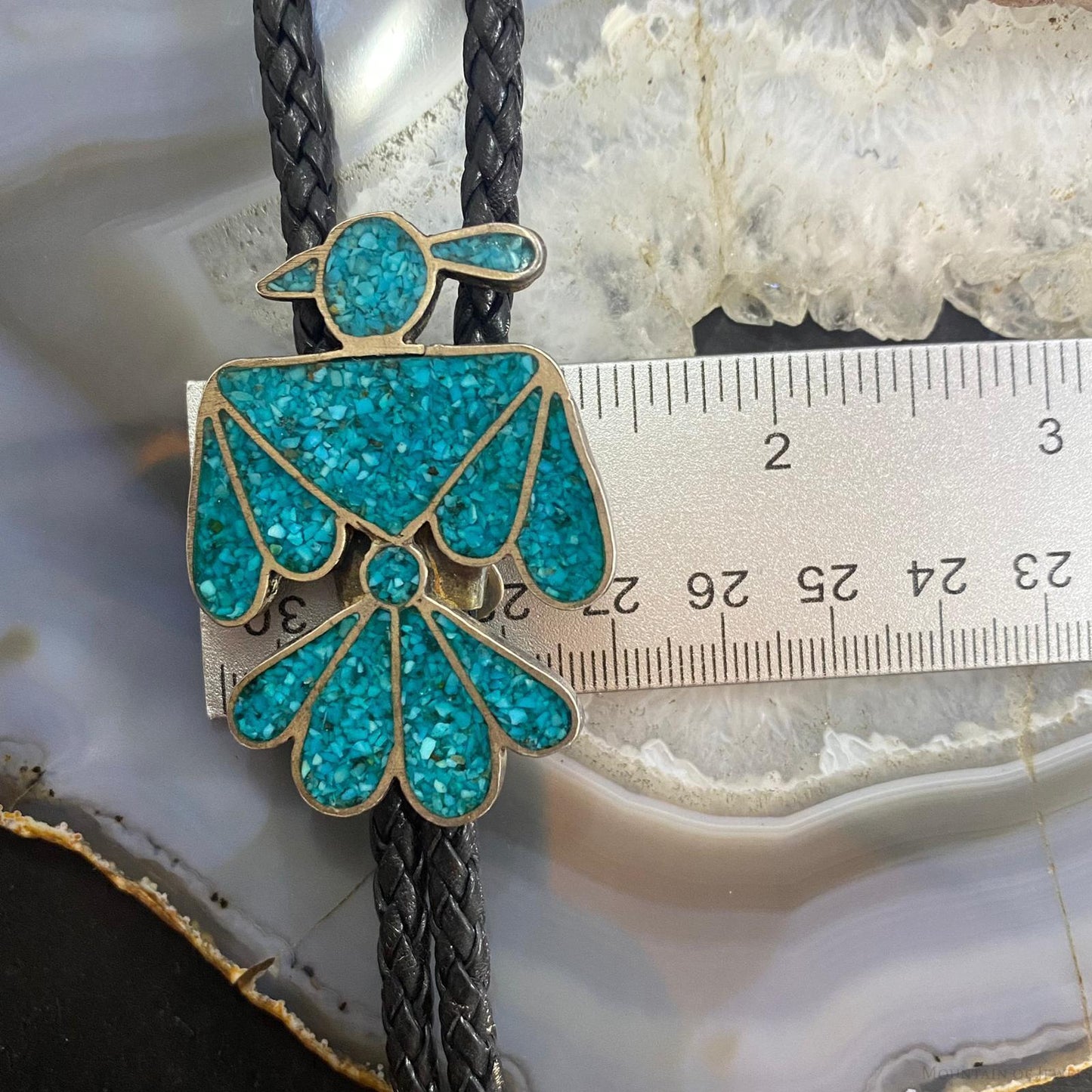 Vintage Native American Silver Turquoise Chip Inlay Peyote Bird Bolo Tie For Men