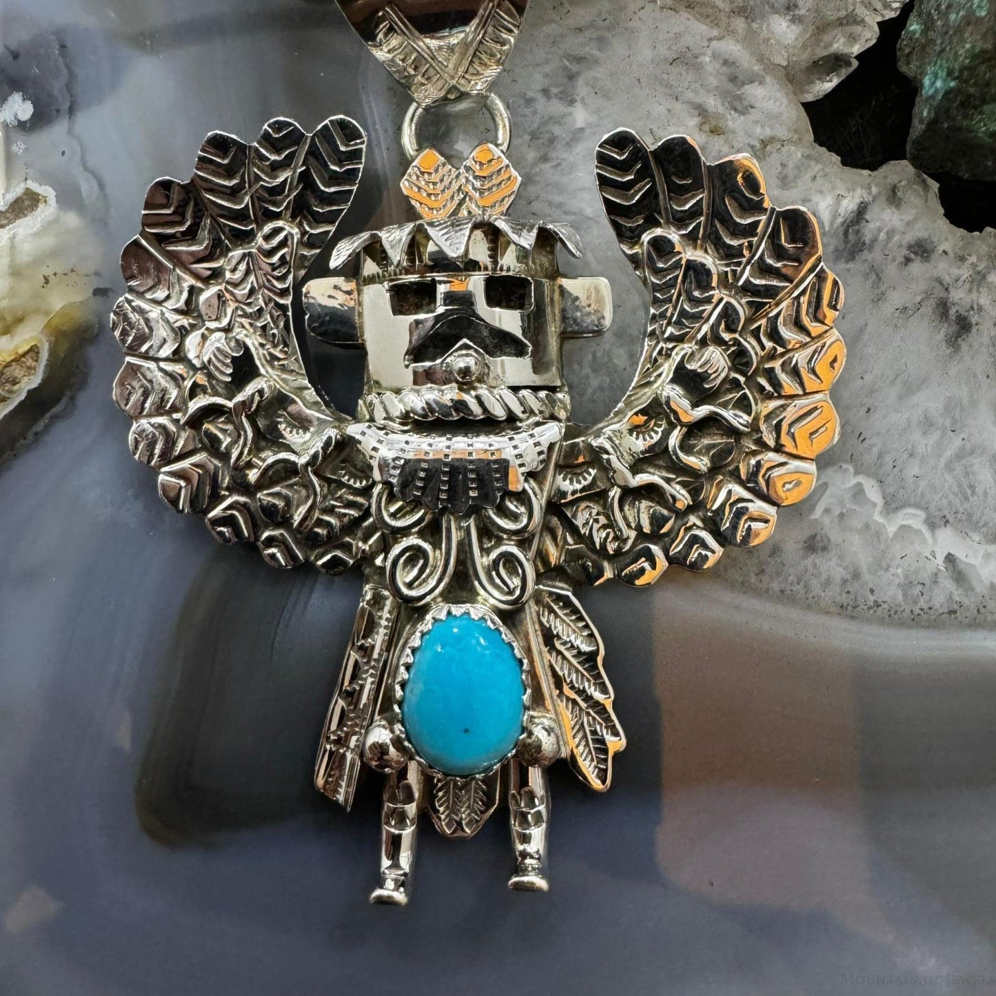 Alonzo Mariano Sterling Silver Oval Turquoise Decorated Kachina Unisex Pendant
