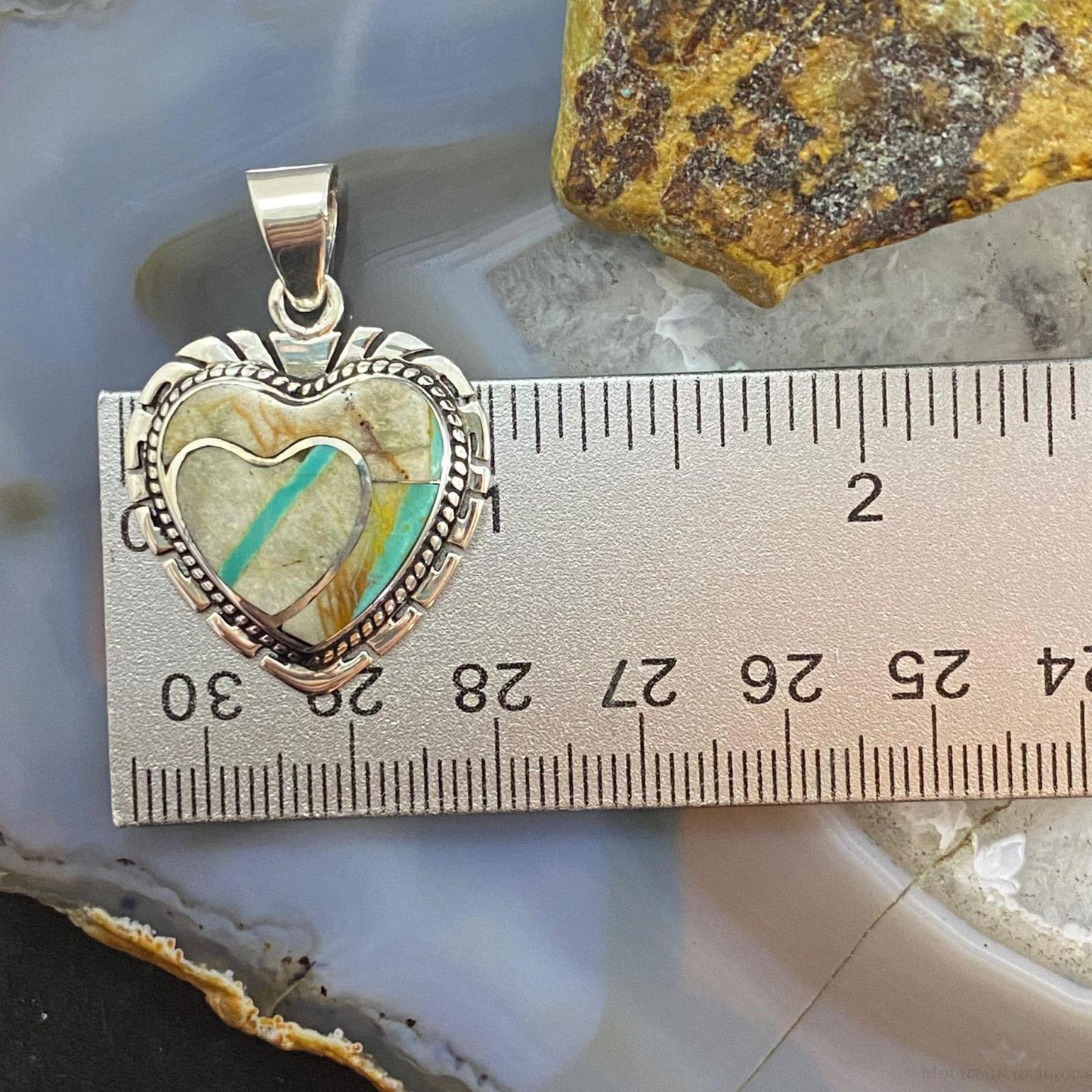 Native American Sterling Silver Boulder Ribbon Turquoise Double Heart Pendant For Women