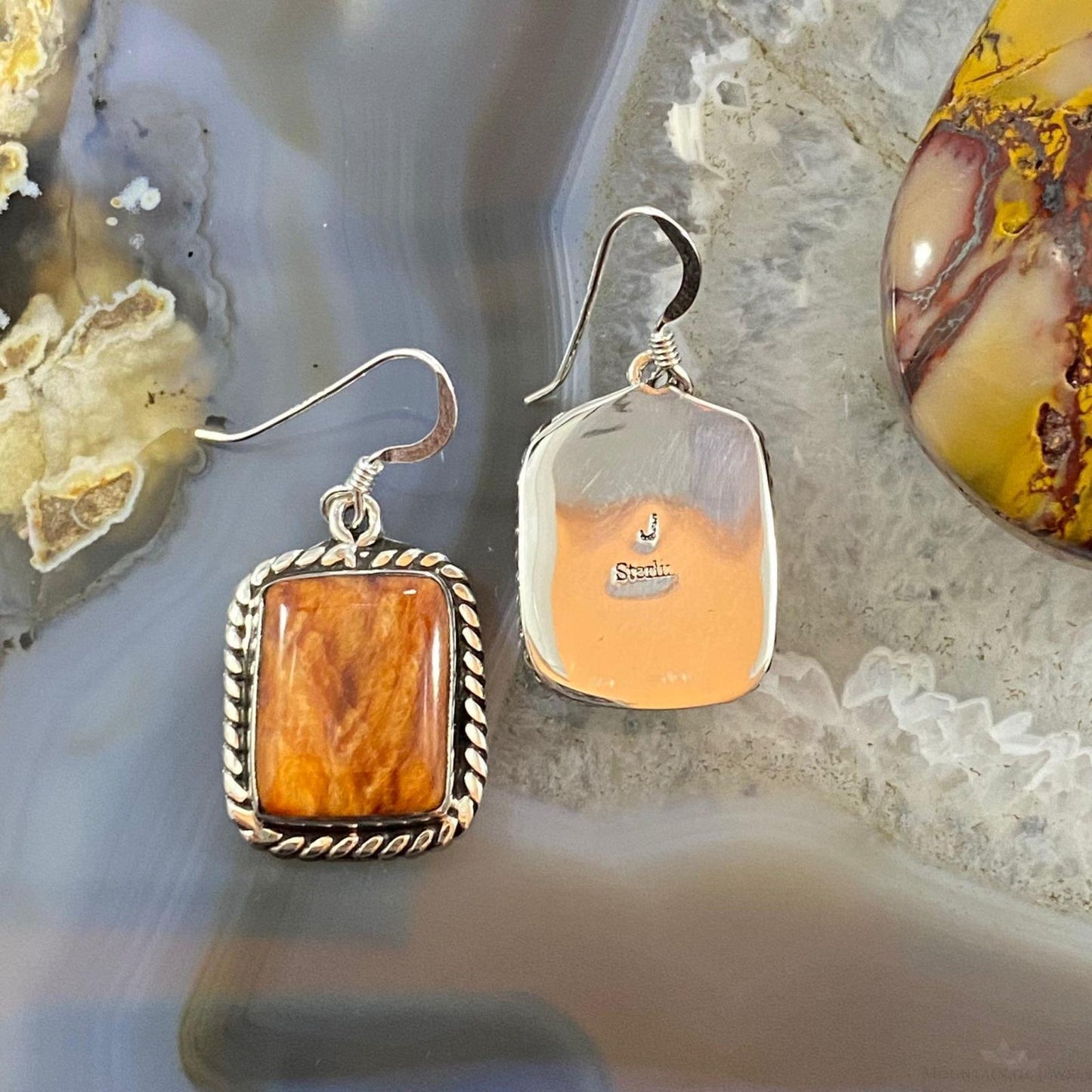 Native American Sterling Silver Square Orange Spiny Oyster Dangle Earrings For Women