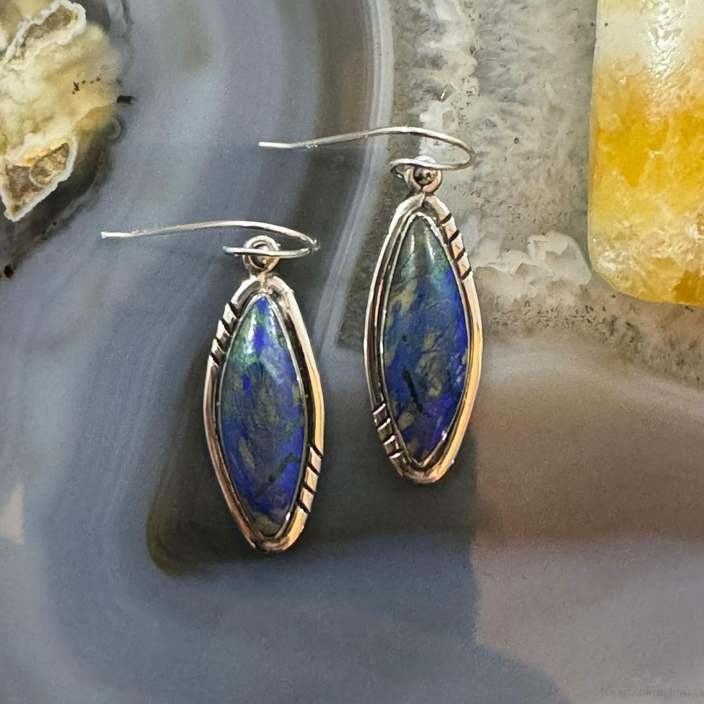 Native American Sterling Silver Marquise African Azurite Malachite Dangle Earrings