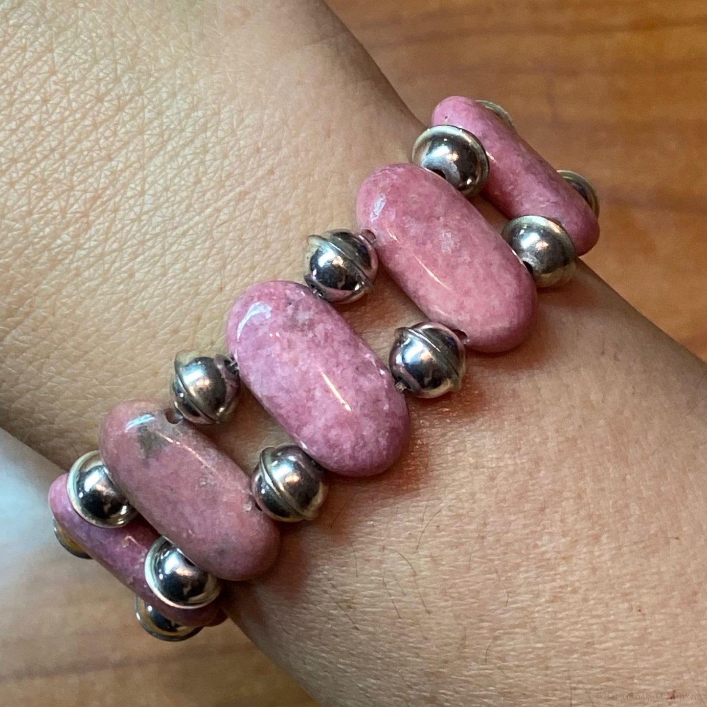 Carolyn Pollack Vintage Sterling Silver 11 Oval Rhodonite Bead Stretch Bracelet For Women