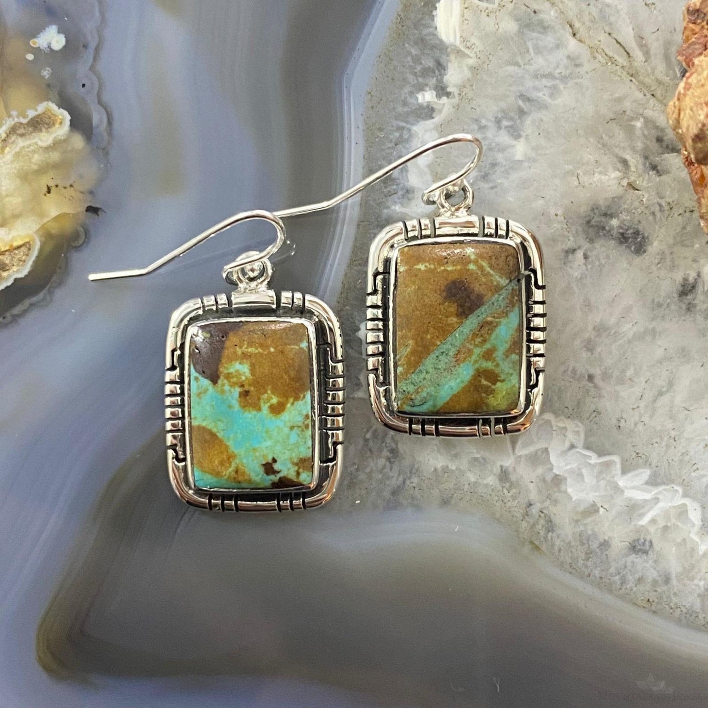 Native American Sterling Silver Boulder Ribbon Turquoise Bar Dangle Earrings For Women