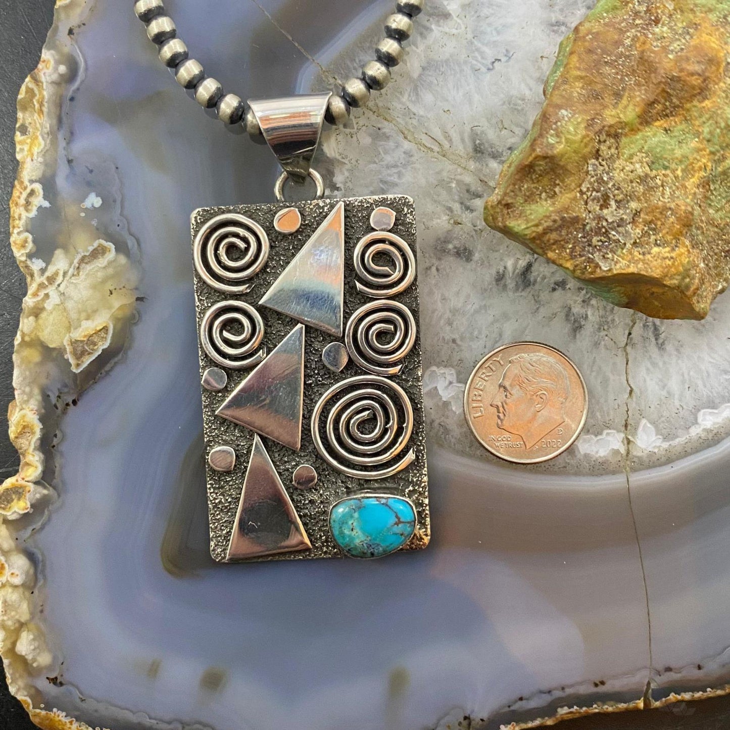 Alex Sanchez Native American Sterling Silver Turquoise Rectangle Unisex Petroglyph Pendant