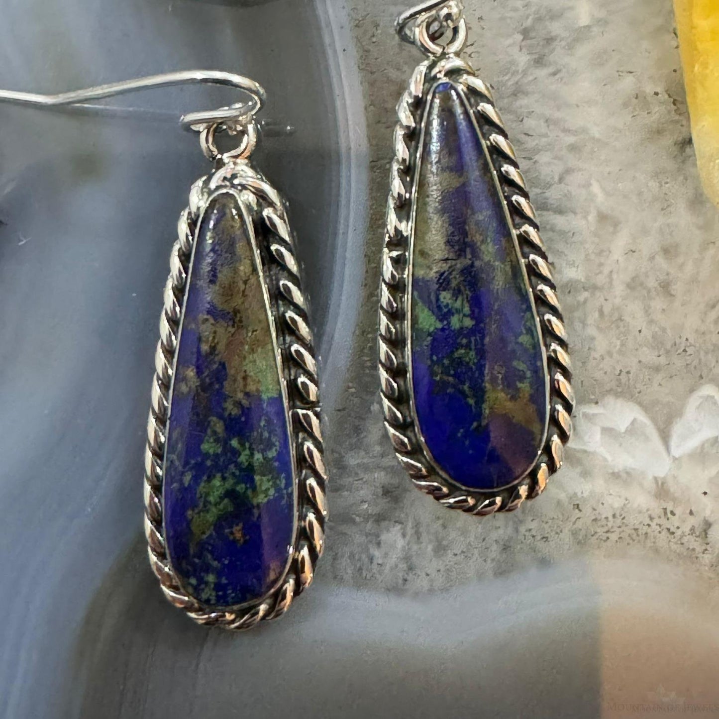 Native American Sterling Silver Teardrop African Azurite Malachite Dangle Earrings For Women