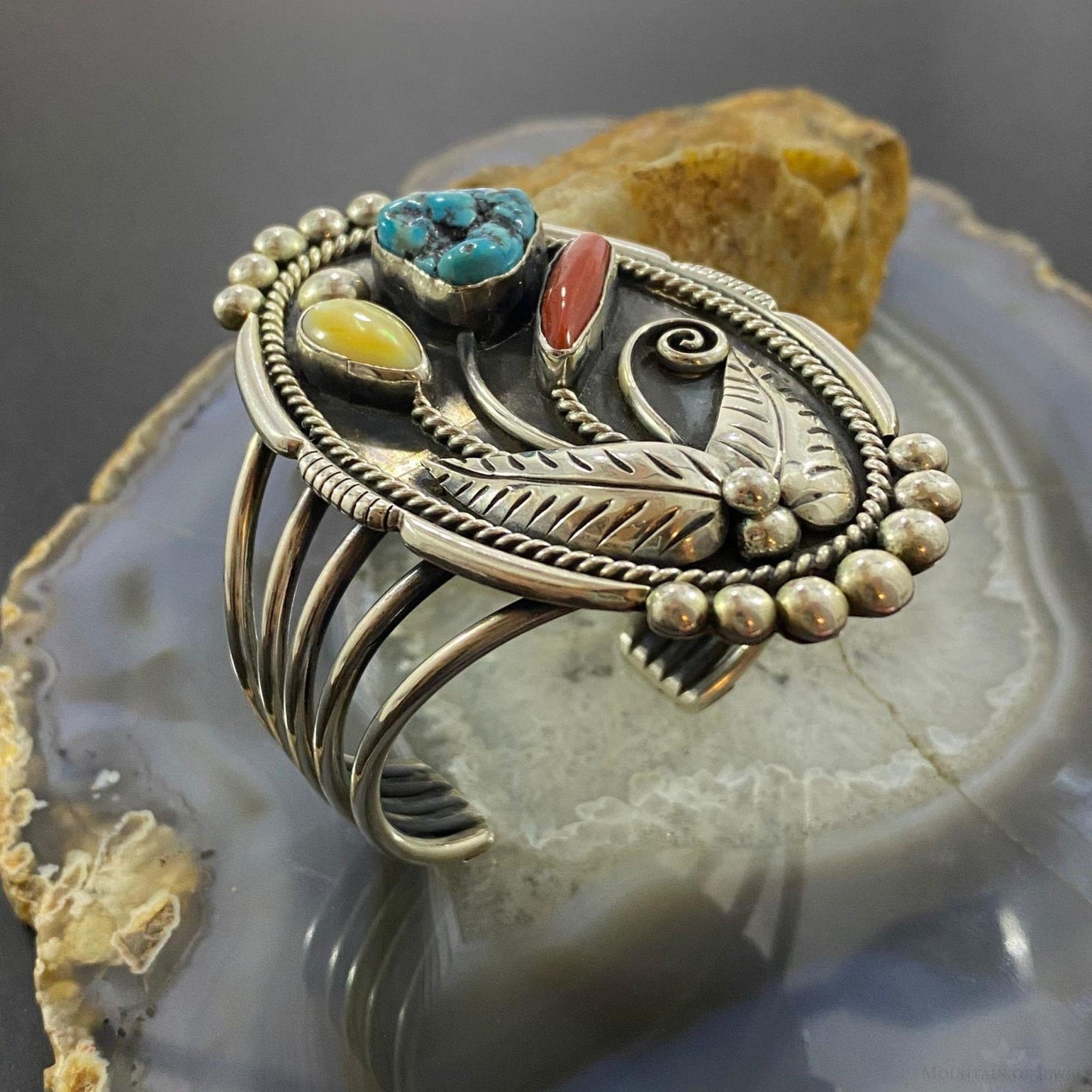Vintage Native American Silver Kingman Turquoise, Coral, MOP Decorated Bracelet For Women