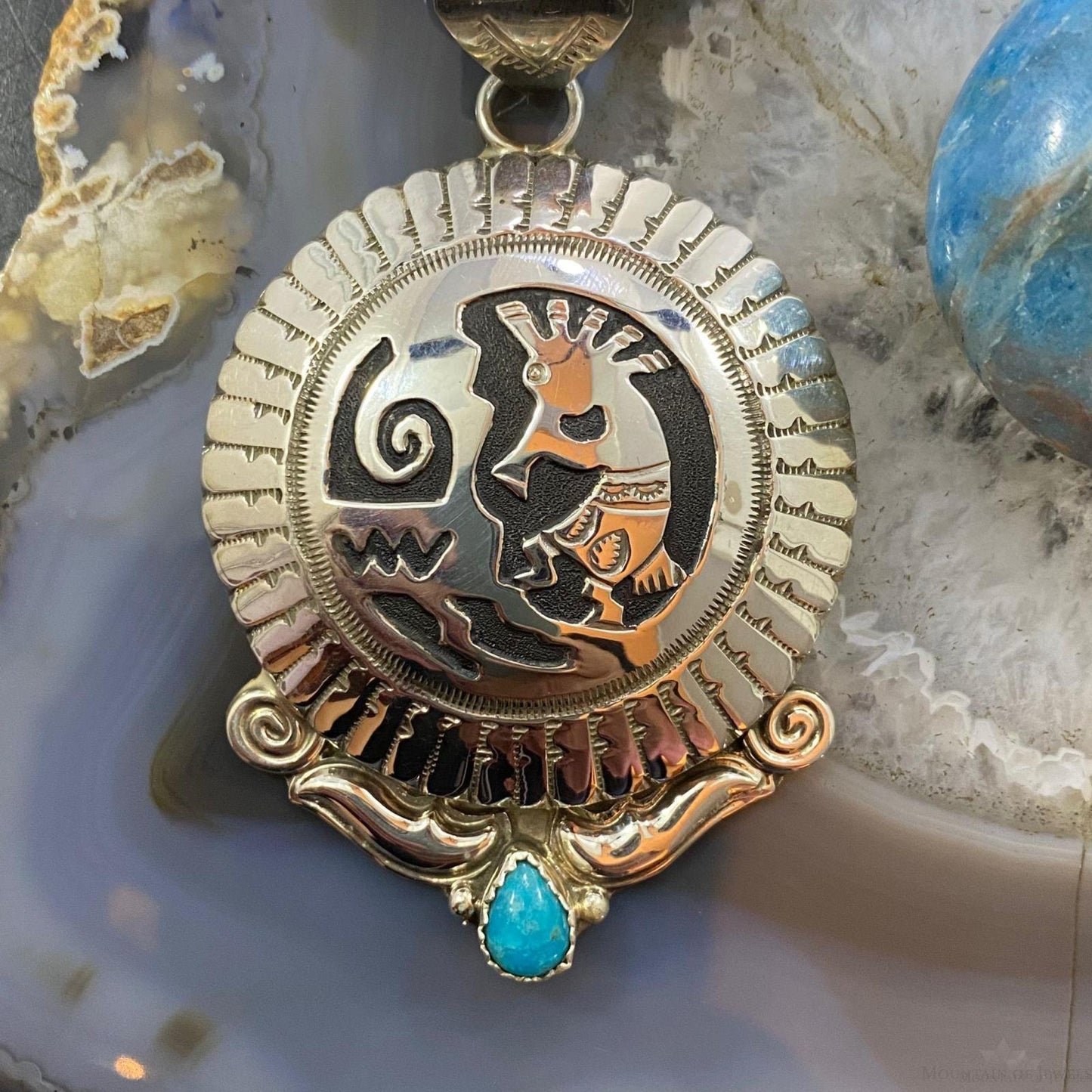 Alonzo Mariano Sterling Silver Turquoise Kokopelli Overlay Round Unisex Pendant