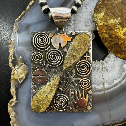 Alex Sanchez Native American Sterling Silver 2 Teardrop Fossilized Coral Rectangle Petroglyph Pendant