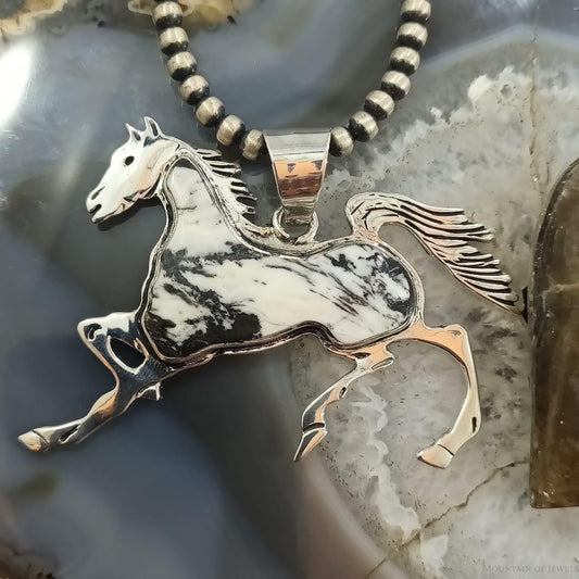 Native American Sterling Silver White Buffalo Inlay Horse Pendant For Women