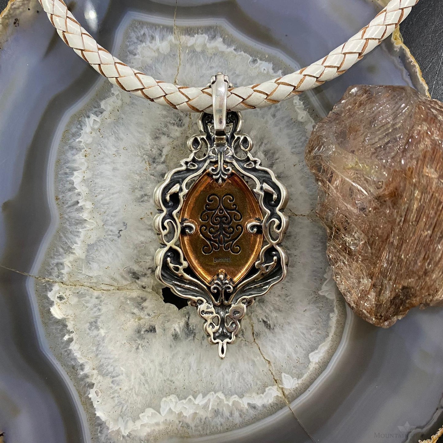 Carolyn Pollack Southwestern Style Sterling Silver & Bronze Amber Decorated Enhancer Pendant For Women